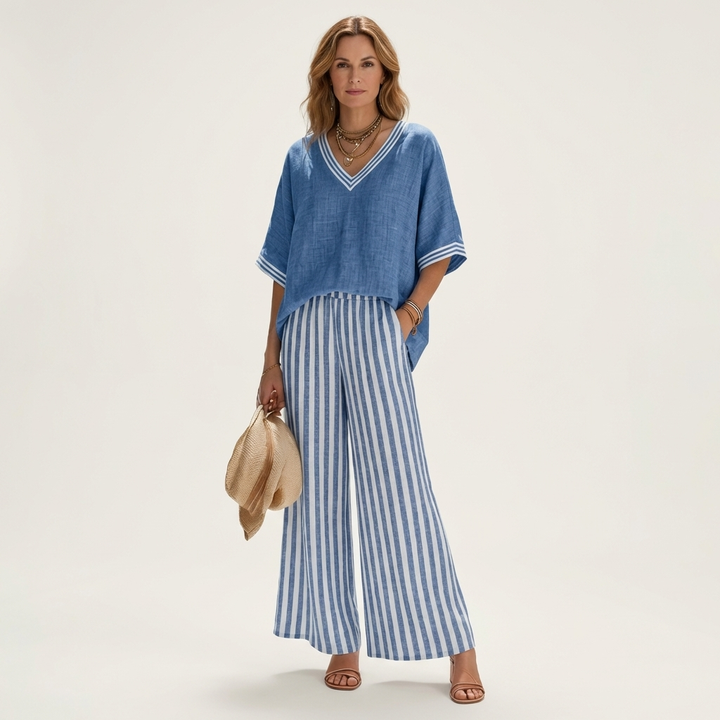 Juliana | Completo con Top a V e Pantaloni a Righe