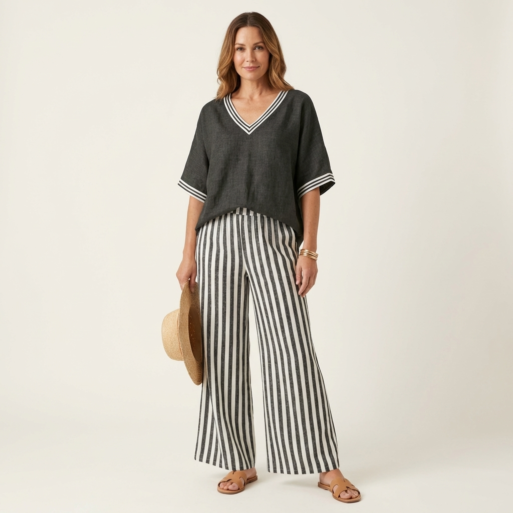 Juliana | Completo con Top a V e Pantaloni a Righe