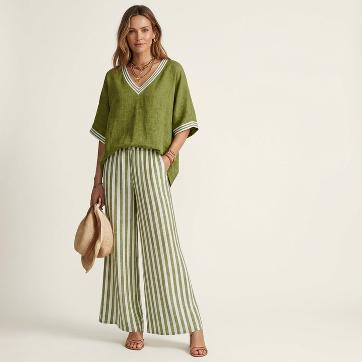 Juliana | Completo con Top a V e Pantaloni a Righe