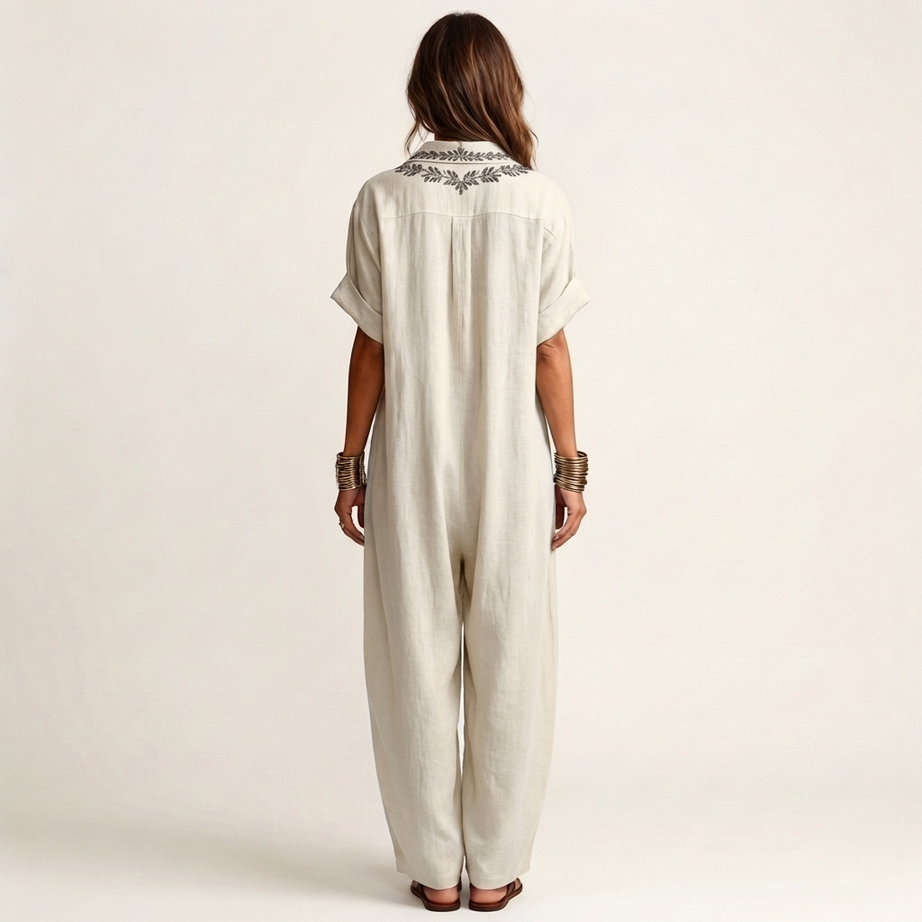 Amarina | Abito Maxi in Lino con Colletto Ricamato a V
