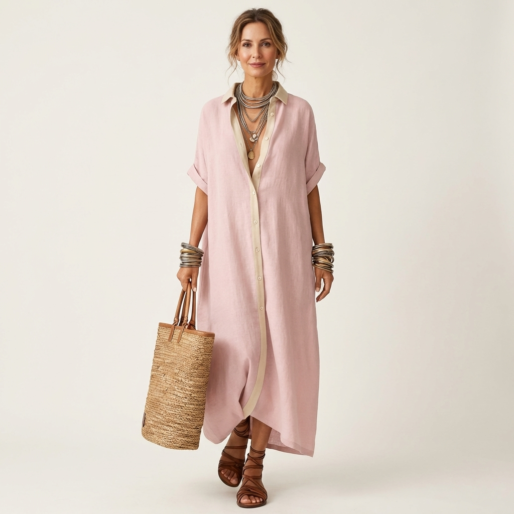 Kamira | Abito Camicia Maxi a Maniche Corte con Collo a Contrasto e Bottoni