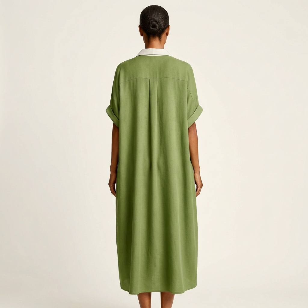 Kamira | Abito Camicia Maxi a Maniche Corte con Collo a Contrasto e Bottoni
