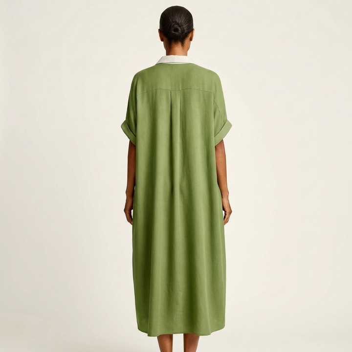 Kamira | Abito Camicia Maxi a Maniche Corte con Collo a Contrasto e Bottoni