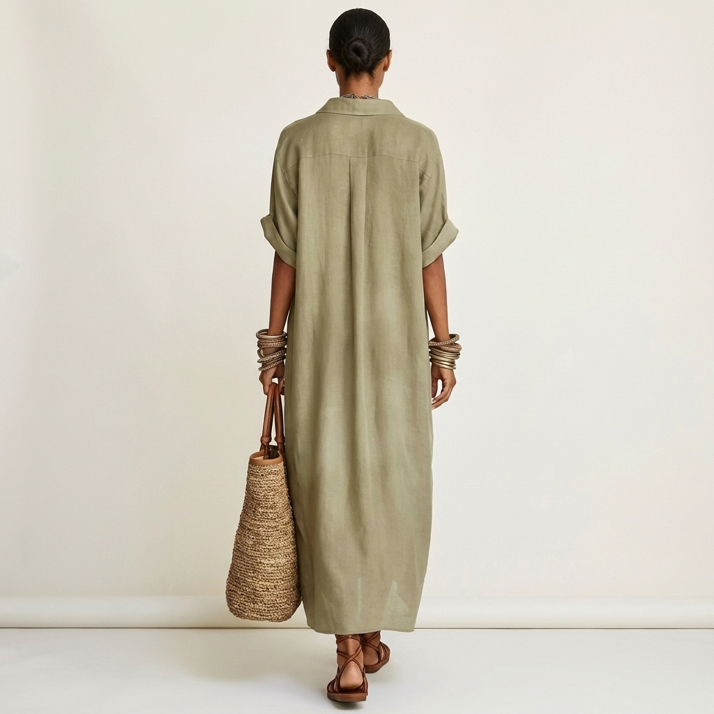 Kamira | Abito Camicia Maxi a Maniche Corte con Collo a Contrasto e Bottoni