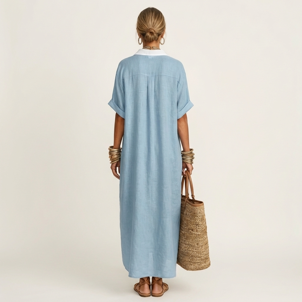 Kamira | Abito Camicia Maxi a Maniche Corte con Collo a Contrasto e Bottoni