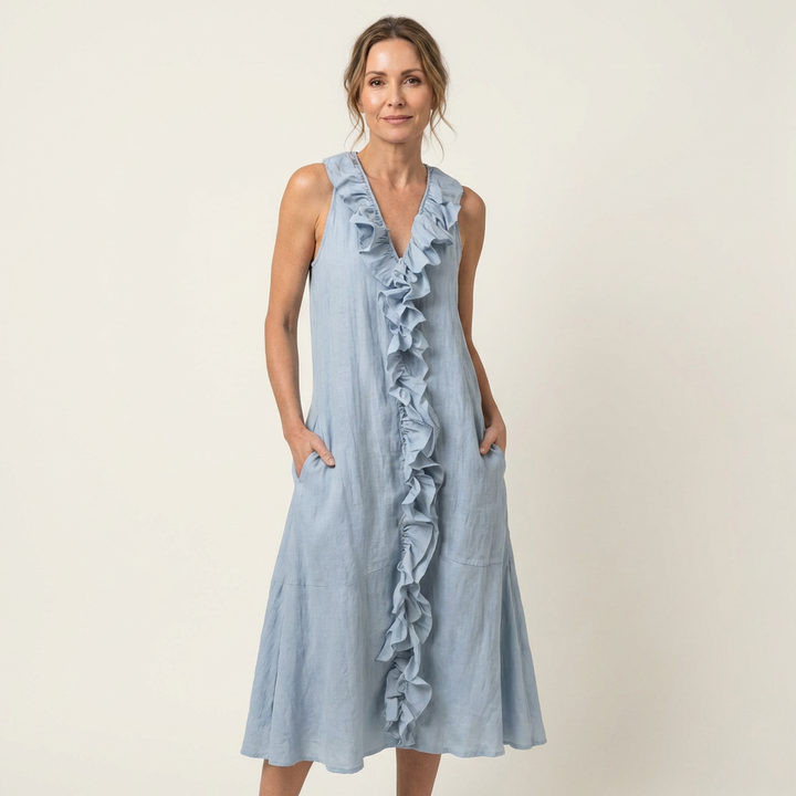 Vicky | Abito Maxi in Lino Senza Maniche con Rouches