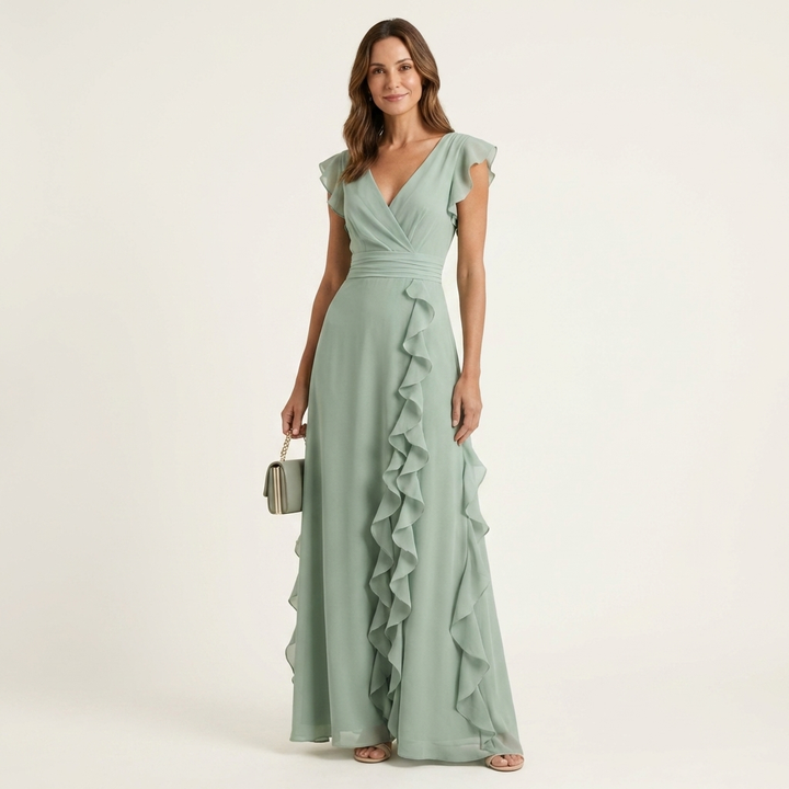 Nellyana | Abito Maxi con Scollo a V e Maniche a Volant