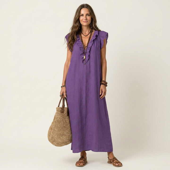 Josette | Abito Maxi in Lino con Rouches e Scollatura a V