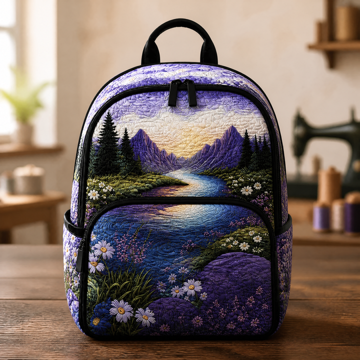 Zaino Trapuntato Viola con Fiori e Montagne