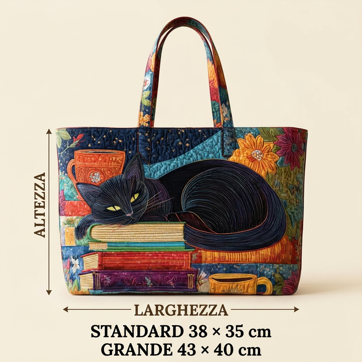 Borsa Donna con gatto nero, libri e tazze – Due Misure
