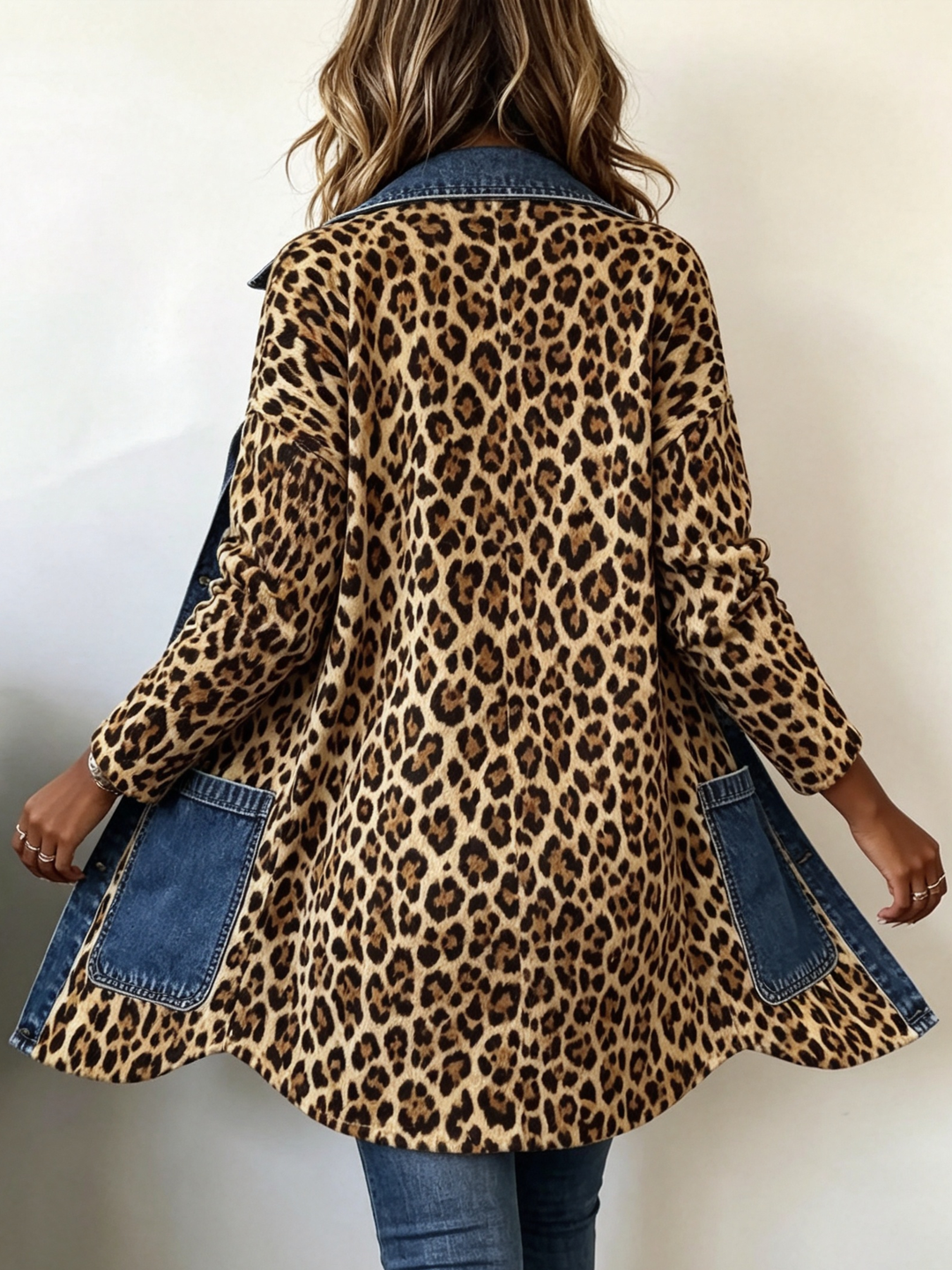 Claudia | Giacca Lunga in Denim con Stampa Leopardata