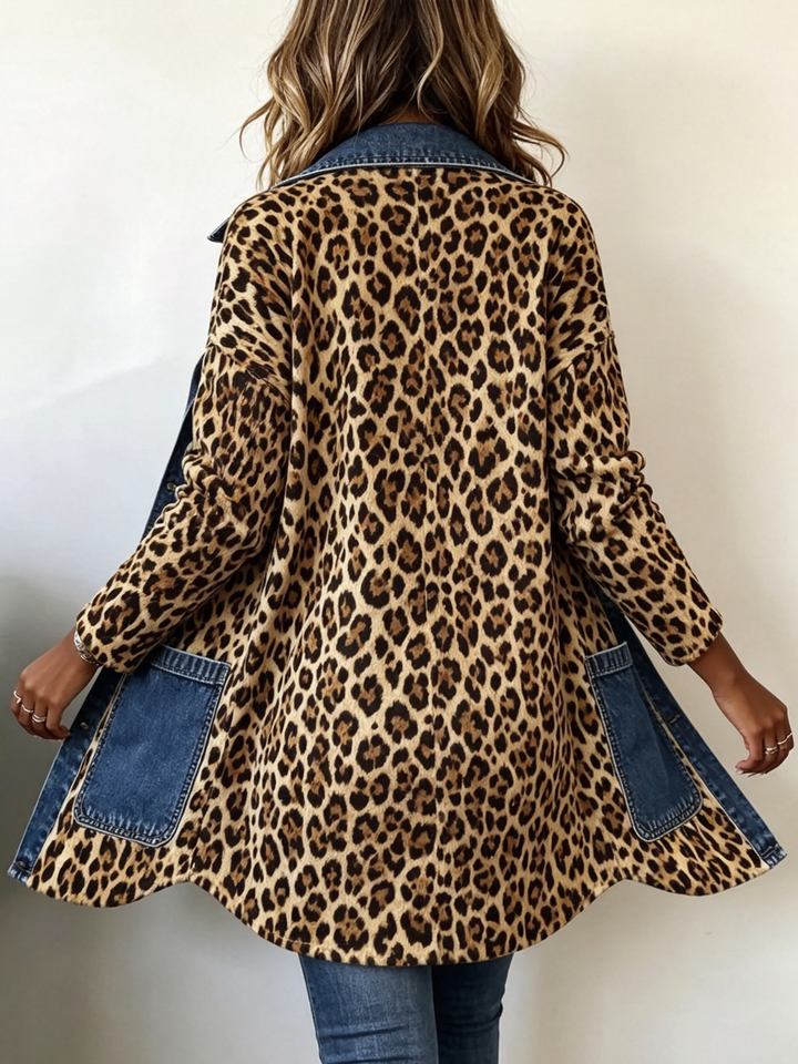 Fablenne | Giacca Lunga con Denim e Stampa Leopardo