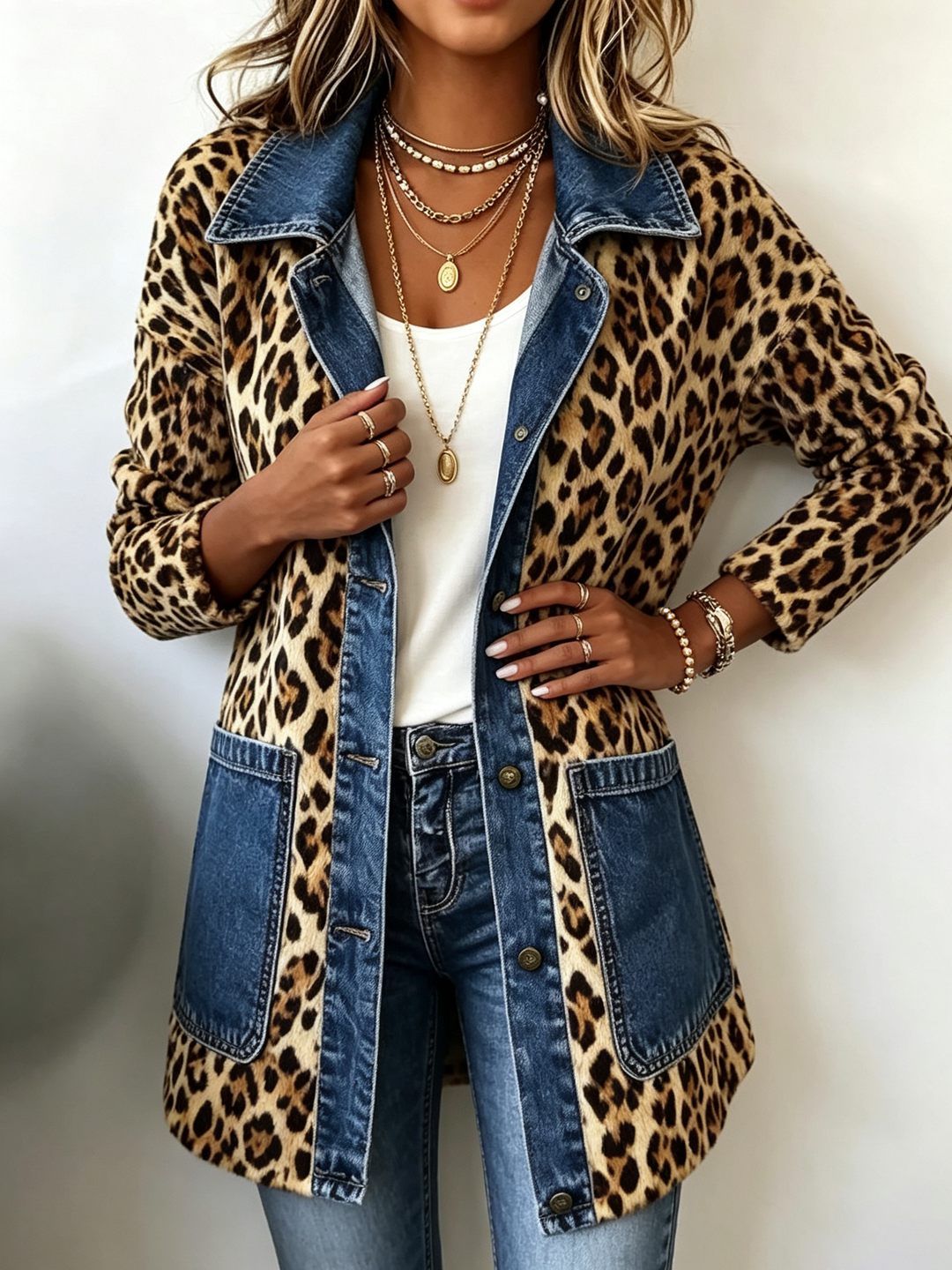 Fablenne - giacca lunga in denim con stampa leopardo, immagine 1