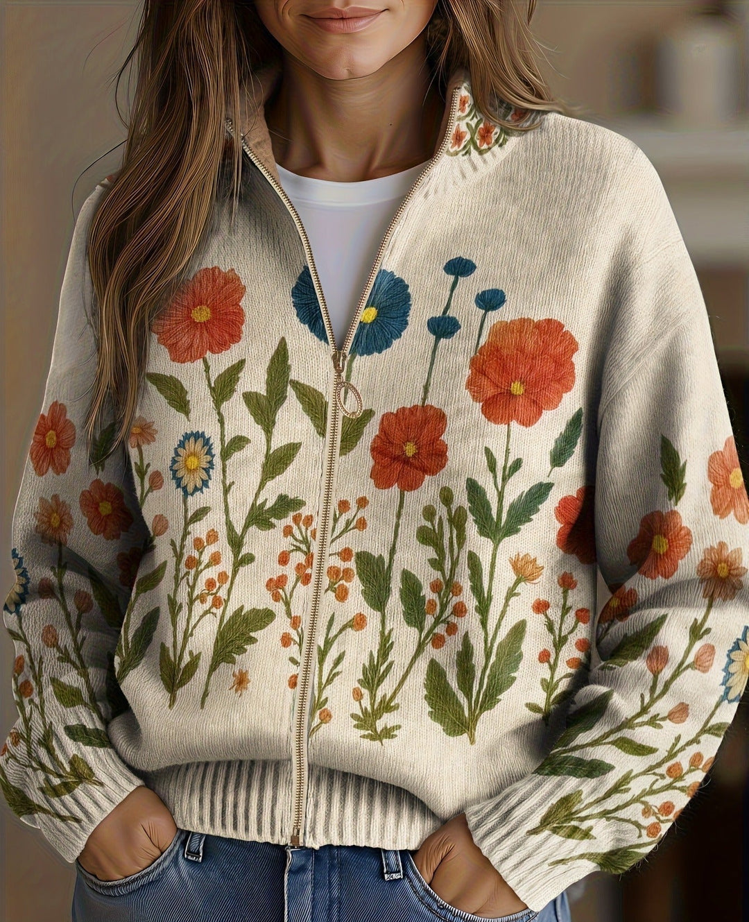 Cardigan donna con zip e fiori selvatici Ginepro