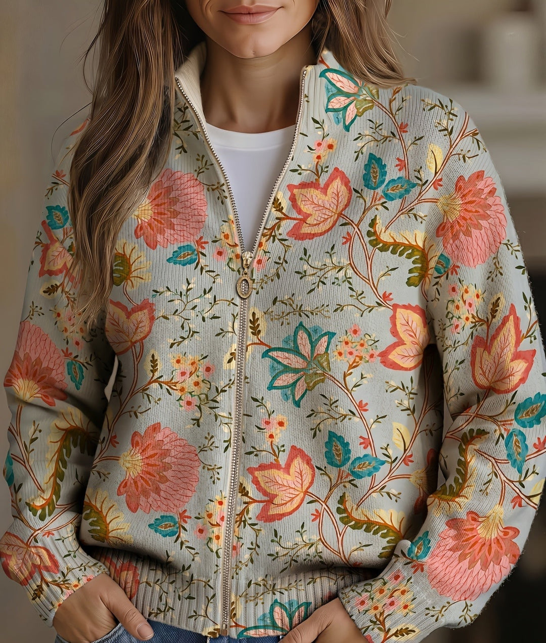 Cardigan donna floreale vintage con zip Cordelia